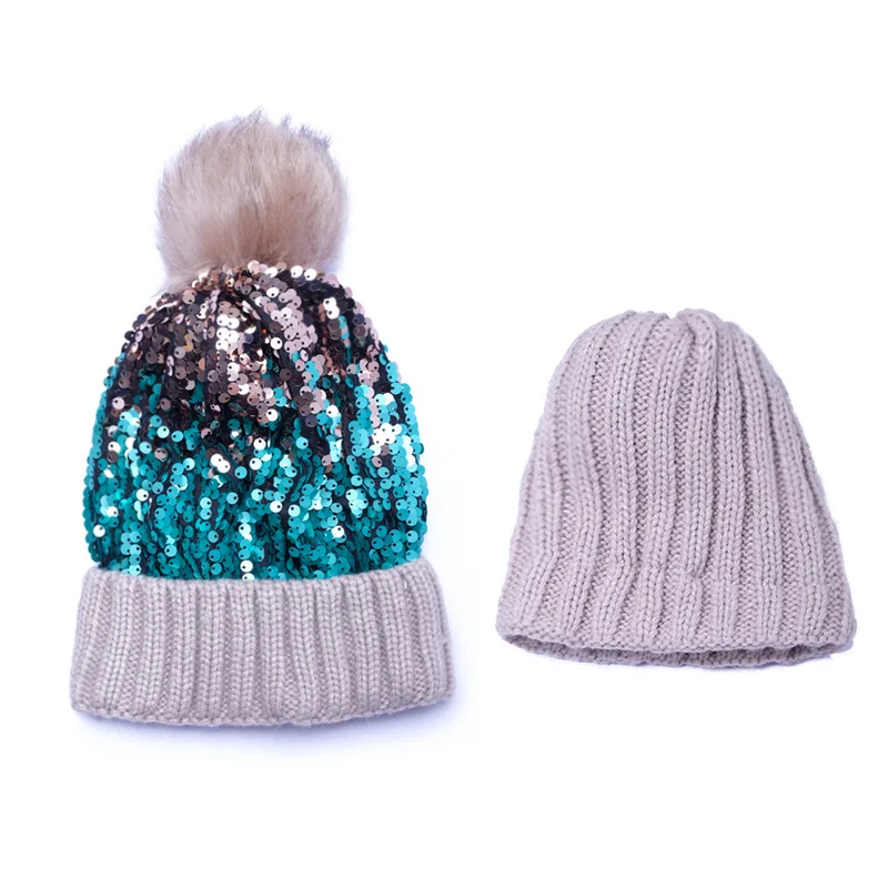 

New Autumn And Winter Sequin knitted Hat Women's Fur Ball Fashionable Thickening Winter Hat Baotou Sequin Wool Hat
