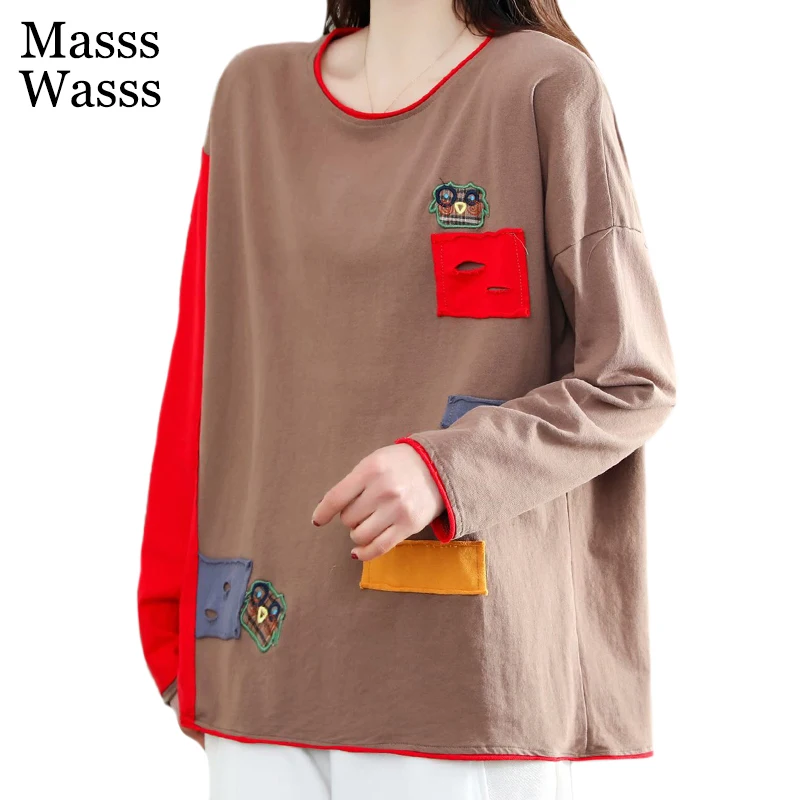 

Masss Wasss 2021 Deisnger Spring Clothing Ladies Vintage Patchwork Tees Womens Loose O-Neck Tshirts Female Casual Tops Plus Size