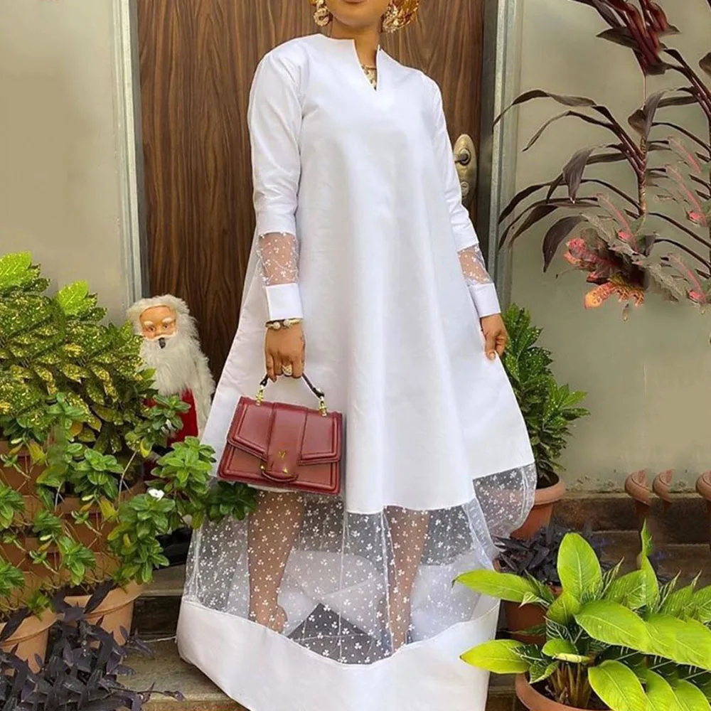 

2021 Autumn Winter New Women Dress Solid Color Splicing Net Yarn V-neck Puff Sleeve Temperament Casual Fashion Ladies Dress