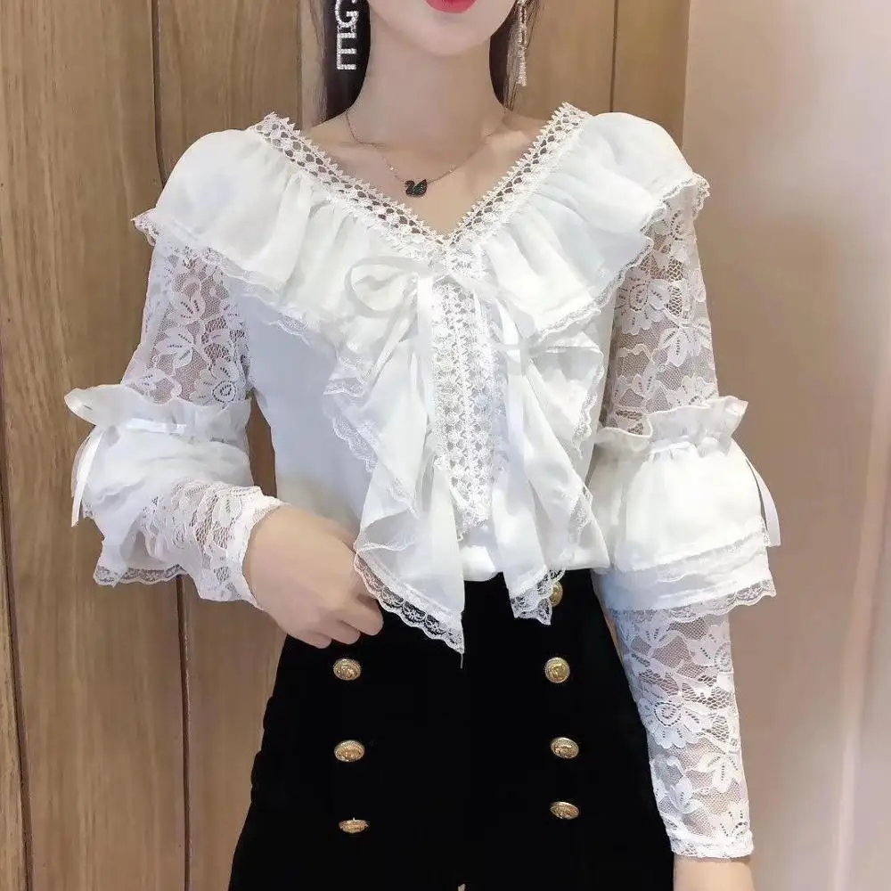 Spring Autumn Korean Sweet Loose Clothes Lace Up Ruffled Women Blouses Fashion V neck Ladies Tops Vintage Lace Shirts Feminine