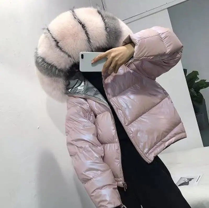 pink Шуба из натурального Лисьего меха, парки с воротником, зимние женские свободные короткие пуховые толстые теплые пуховые парки, Короткие хлопковые пальто - Цвет: pink