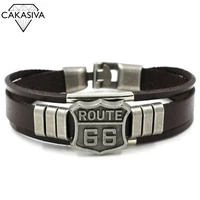 vintage thai silver route 66 leather bracelet mens punk tide brand multilayer bracelet jewelry