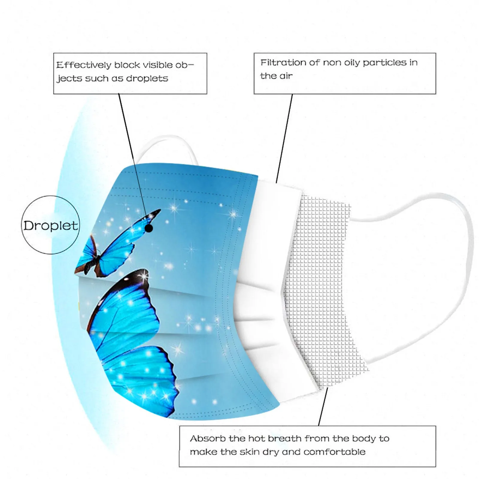 

50pcs Butterfly Print Mask Disposable Nonwove 3 Layer Ply Filter Mouth Face Mask Meltblown Breathable Earloops Mask Mondkapjes