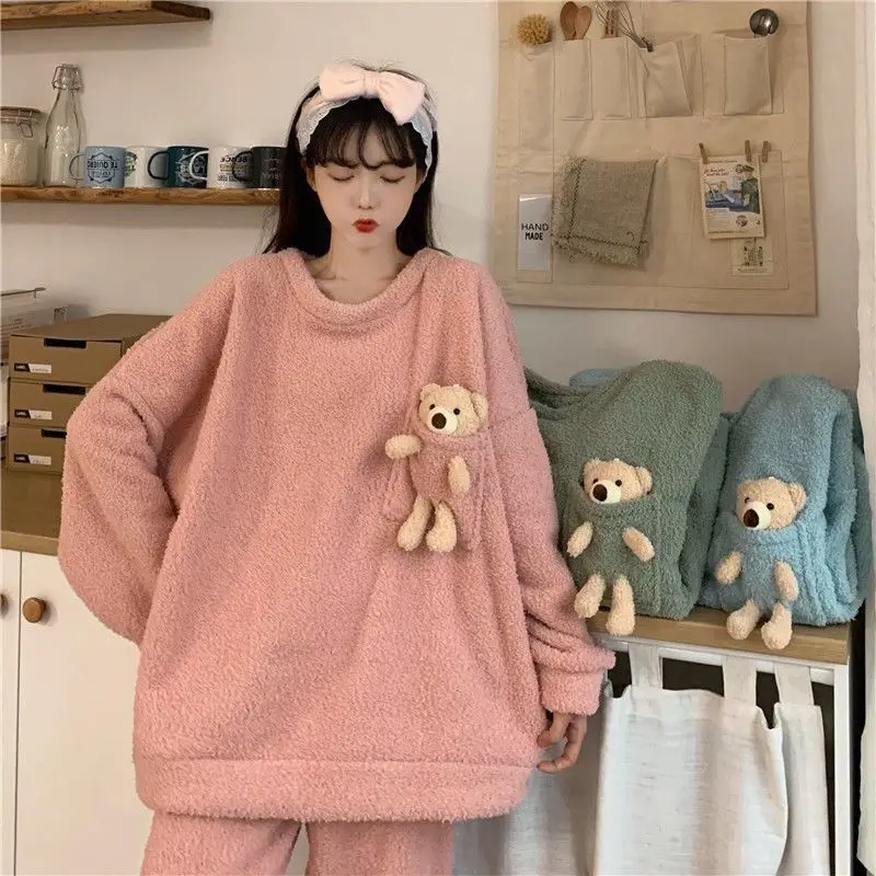 Women Pajamas Autumn and Winter Sleepwear Cartoon Sweet and Cute Thickening Plus Velvet Warm Home Wear Clothes Fashion Pyjamas