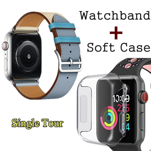 Herm логотип на застежке Свифт кожаный двойной один тур часы ремешок для Apple Watch серии 5 4 3 44 мм 40 мм браслет для iWatch - Цвет ремешка: Bleu Lin Craie