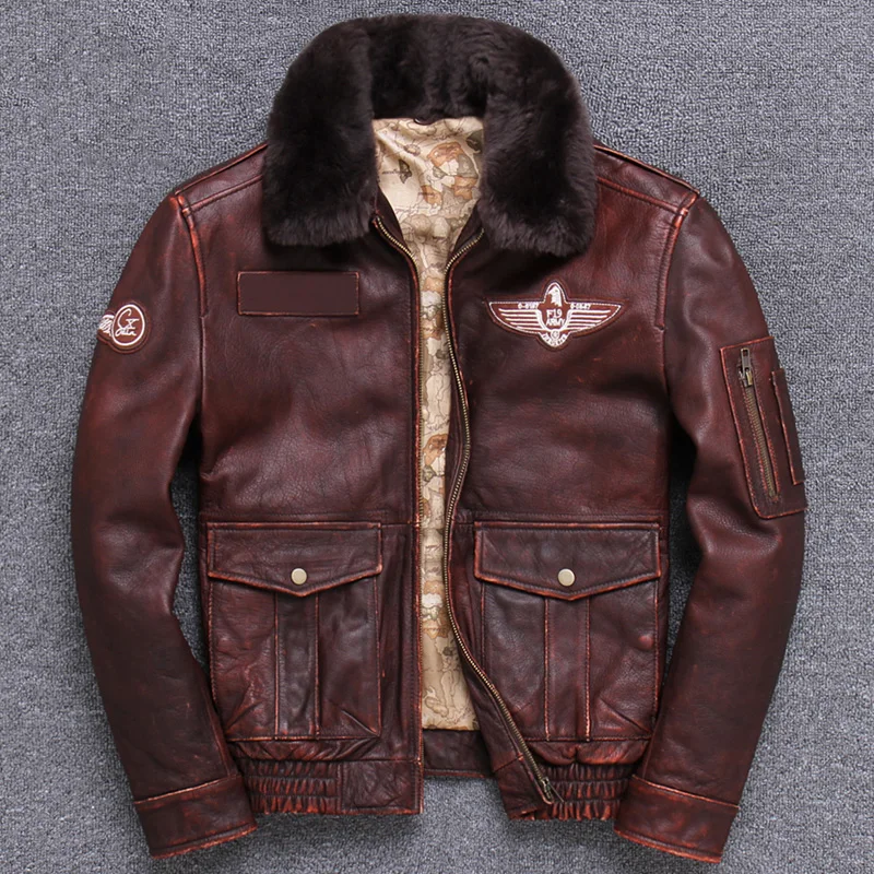 

New Mens Cowhide Jacket A2 Air Force Flight Coat Brown Leather Jacket Short Bomber Jacket Removable Wool Collar Thick Fall Coat