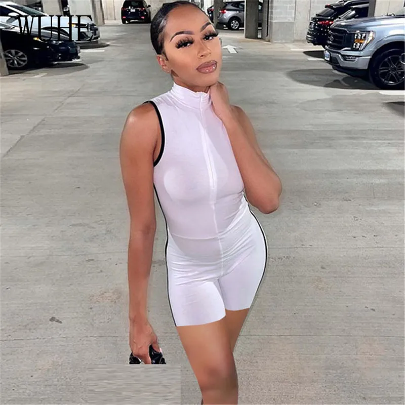 

WUHE Nightclub Party Rompers Package Hip Tight Sleeveless Zipper Up O Neck Off Shoulder Elegant Casual Party Club Overalls
