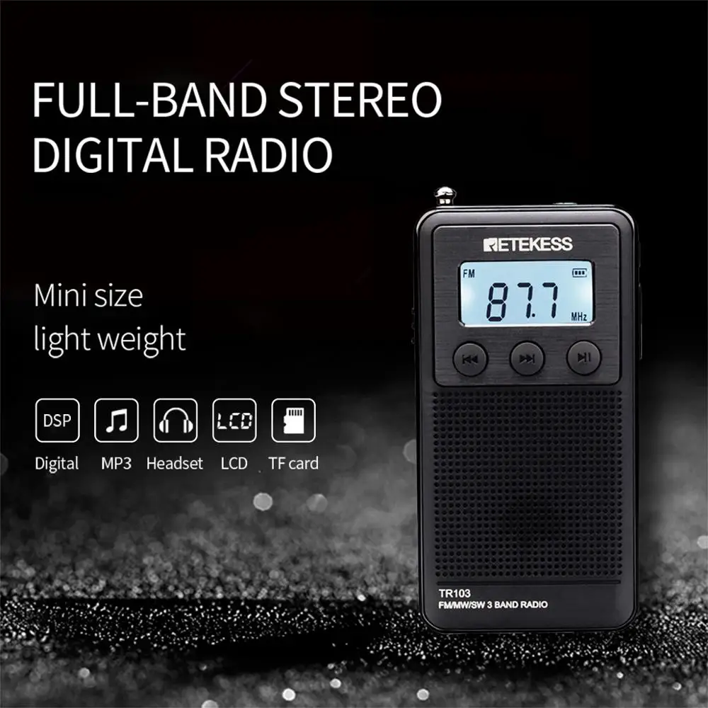 Retekess TR103 карман портативное мини-радио FM/MW/SW Цифровая настройка радио 9/10 кГц MP3 музыкальный плеер с Перезаряжаемые Батарея