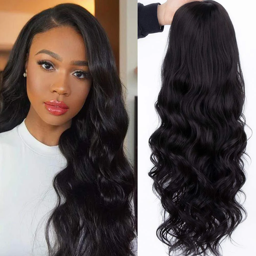 

Long Black Wavy Wigs for Women Middle Part Curly Black Wig Natural Looking Synthetic Lace Front Wig Wigs for Daily Party