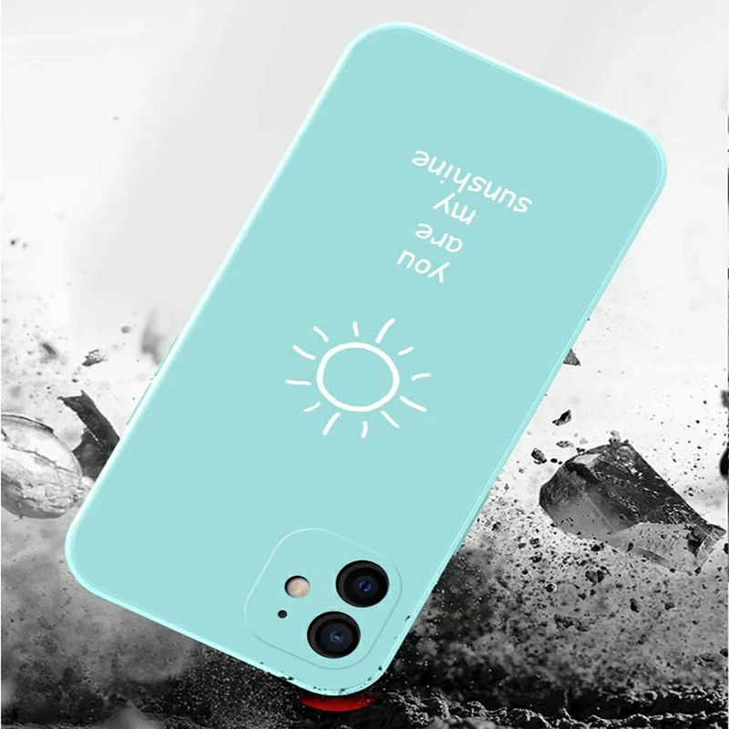 

Ultra-thin Cute Sunshine Square Liquid Silicone Phone Case For iPhone 12 11 Pro XS Max SE XR X 8 7 6 Plus Luxury Lanyard Cover