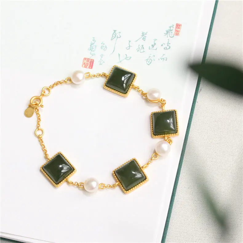 

S925 Sterling Silver Inlaid Natural Hetian Jade White Jade Jasper Pearl Retro and Fashion All-Matching Temperament Female Bracel