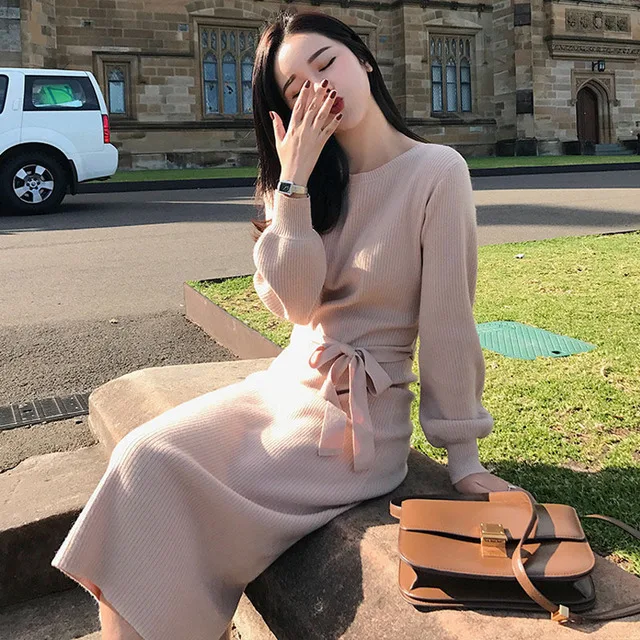 Autumn Winter O-Neck Sweaters dress Women Long Sleeve Knitted Loose Sweater Dress Female Elegant Sashes A-Line Dresses vestidos | Женская