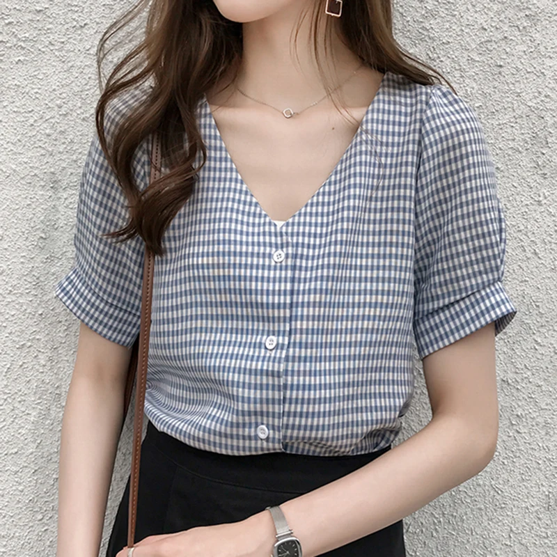 Женские летние топы 2021 женская блузка рубашка в клетку с коротким рукавом v
