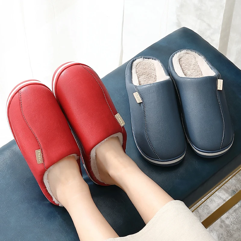 

PU Leather Waterproof Women Slippers Couple Shoes Short Plush Winter Warm Men Couples Non-slip Soft Home Slipper Indoor Bedroom