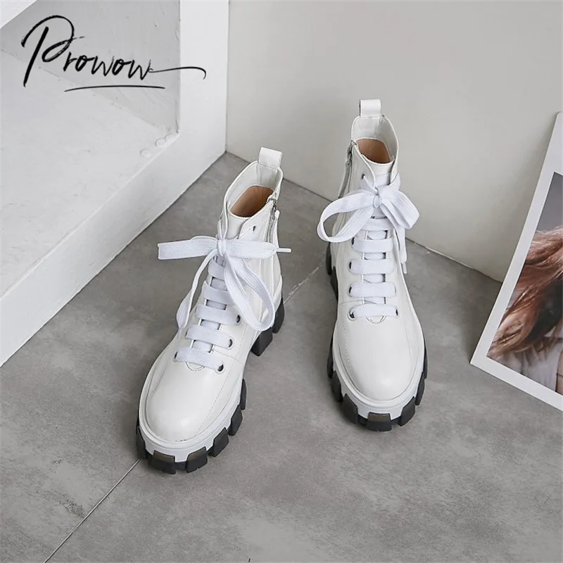 

Prowow New Style Black White Women Ankle Boots Round Toe Side Zip Thick Mid Heel Women Autumn Winter Boots Shoes Woman