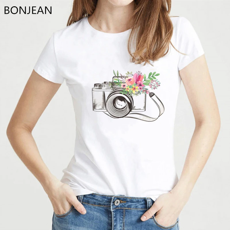 

flower camera printed t shirt women Summer Tops harajuku tee shirt femme Pretty girl t-shirt female korean style Clothes