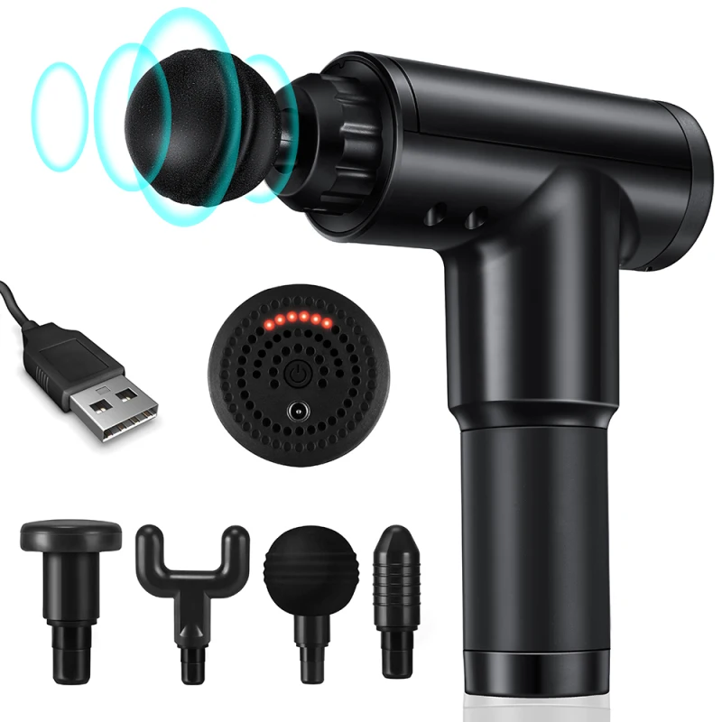 

Профессиональный мышечный массажный пистолет USB Массажер для мышц с 4 массажными головками 6 скоростей глубокий тканевый массажер красный/ч...