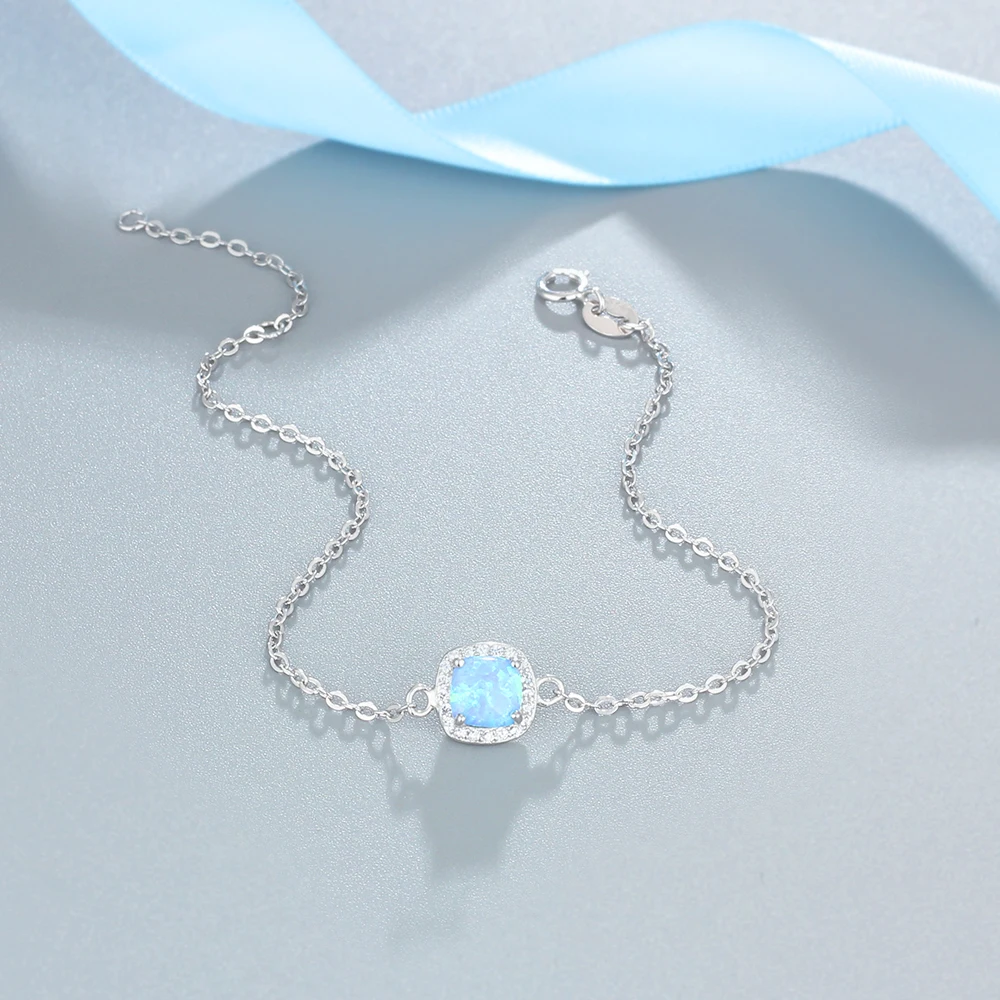 JewelOra 925 Sterling Silver Square Created Blue Opal Bracelets with Cubic Zirconia Elegant Chain &amp Bangles for Women | Украшения и