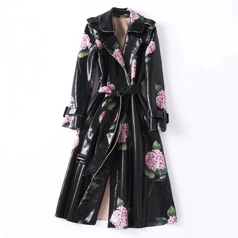 

QHZ autumn winter fashion designer bright leather trench coat epaulettes Retro Hydrangea print Slim belt Long coat women 2021