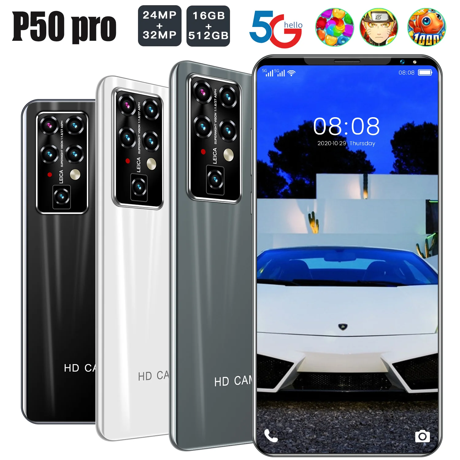 

5.5Inch P50 Pro Latest 5g Smartphone Cell Phone 16G 512G 24MP+32MP 5600mAh 10 Core Android 10 Face Recognition Cheap Phone