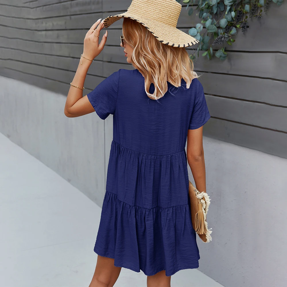 

Woman Dress Summer Short Sleeve O Neck Button Reffles Sundress Blue Pink Mini Beach Dresses For Women Casual 2021