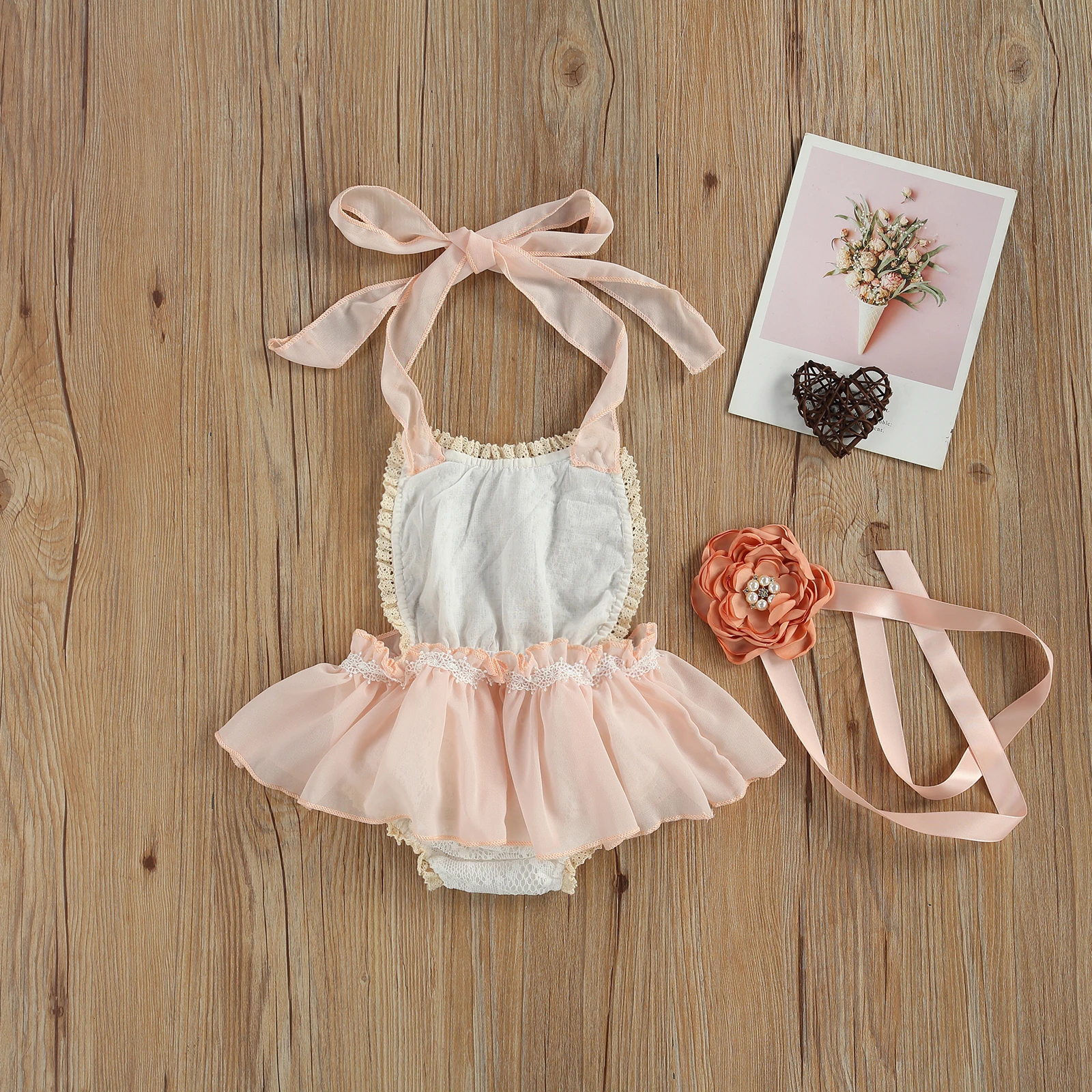 

2021 New Summer 0-24M Toddler Baby Girl 2Pcs Set Princess Pearl Flower Headband+Lace Pink Dress Sleeveless Halter Bodysuit