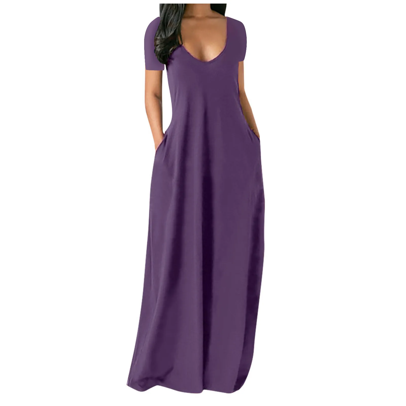 

Womail dress summer dress boho dress Fashion Women Casual Plus Size Solid V-Neck Pockets Short Sleeve Long Dress robe maxi dress