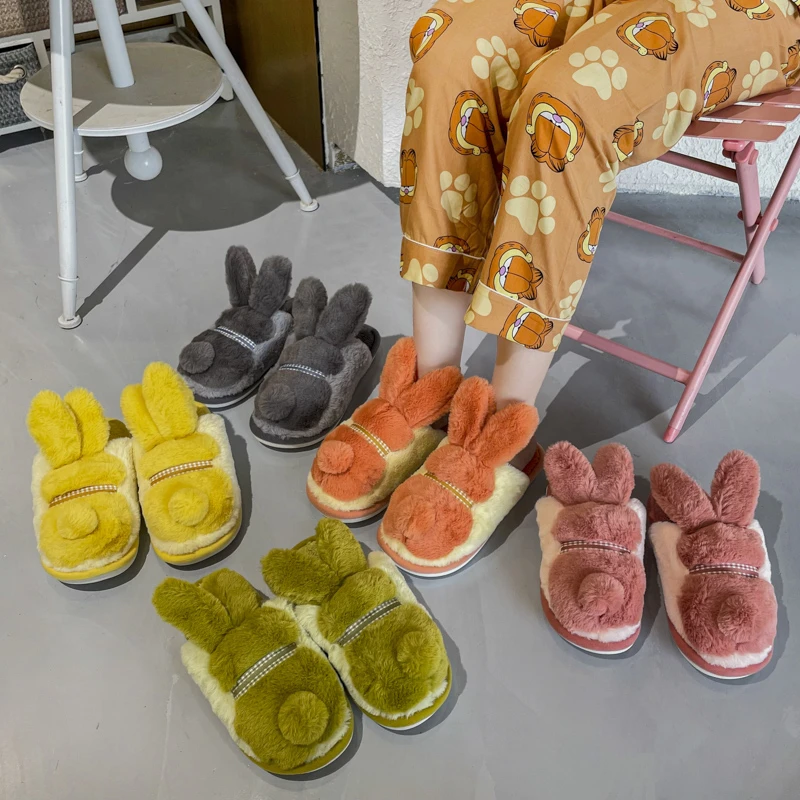 

Women 's Home Slippers Home Slippers Sliders New Rabbit Ears Furry Indoor Warm Wear-resistant Large Size 44 Women Shoes Shoes