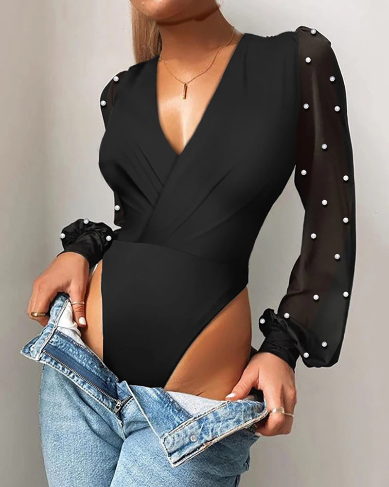

Spring Winter Women Lace Puff Sleeve Skinny Bodysuit Solid V-Neck Black Casual Body Top Patchwork Jumpsuit Femme 2021 New