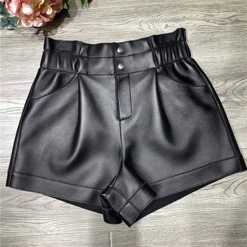 Women Black Shorts Genuine Leather Runway Fashion Korean High Waist Streetwear Sheepskin Autumn Winter Shorts