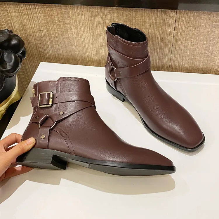 

MLJUESE 2021 women soft ankle boots cow leather zippers boots winter short plush square toe low heel women boots