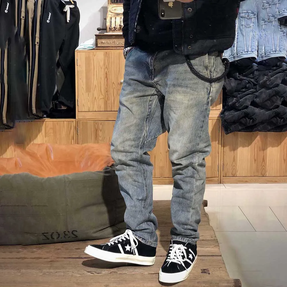 Men Pants Retro Jeans Denim Fabric Sand Washing Old Craftsmanship Vintage Texture Straight Slim Fit Trousers Streetwear Clothes