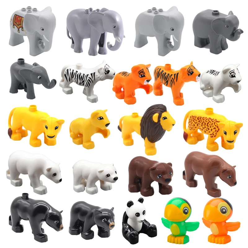 Большие строительные блоки животные Слоник в зоопарке тигра льва панды попугай