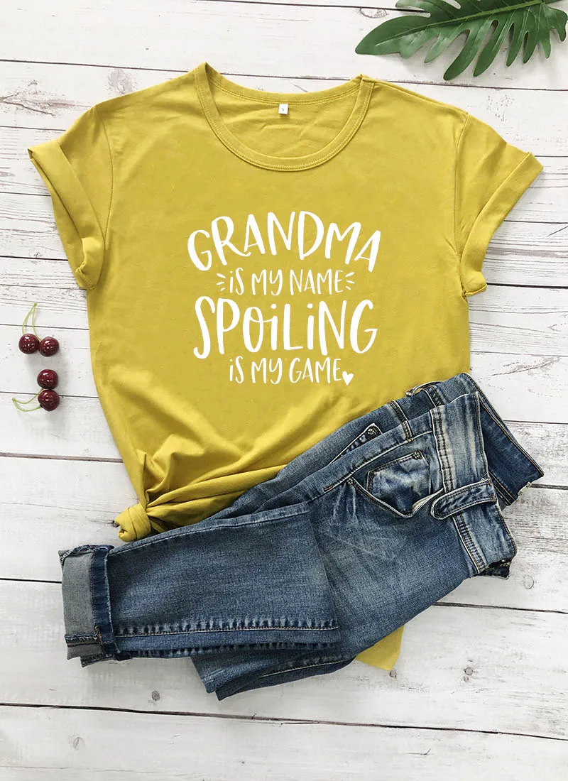 mustard-white text Grandma is my name Spoiling is my game, Новое поступление, забавная футболка из хлопка, новая рубашка для мамы, подарок для мамы, милые футболки для мамы - Цвет: mustard-white text