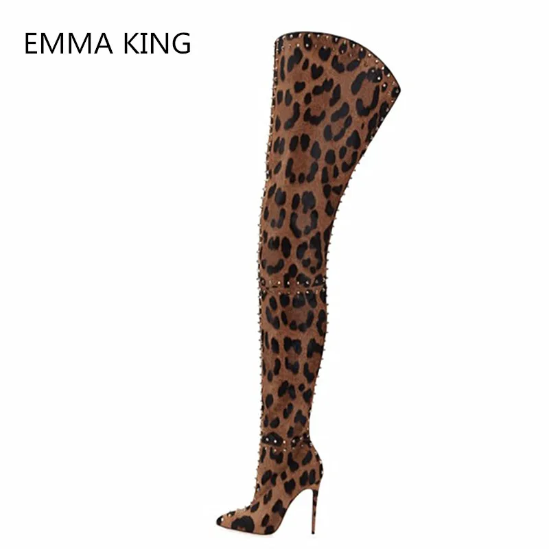 

2019 Women Sexy Leopard Rivets Design Stilettos Thigh High Heels Boots Winter Pointed Toe Side Zipper Ladies High Heels Shoes