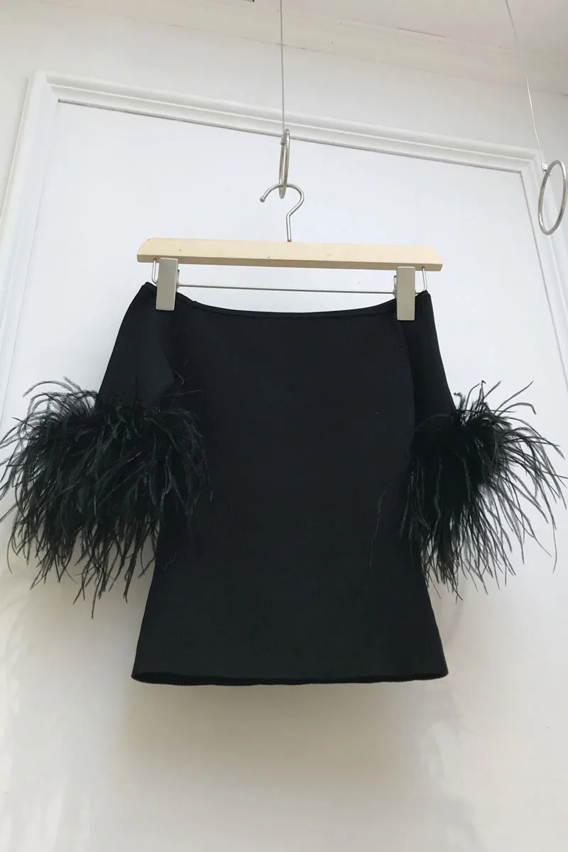 

2021 Summer New Feather Stitching Short Sleeve Slimming Knitted Top Women Slash Shoulder Off Shoulder Thin T-shirt