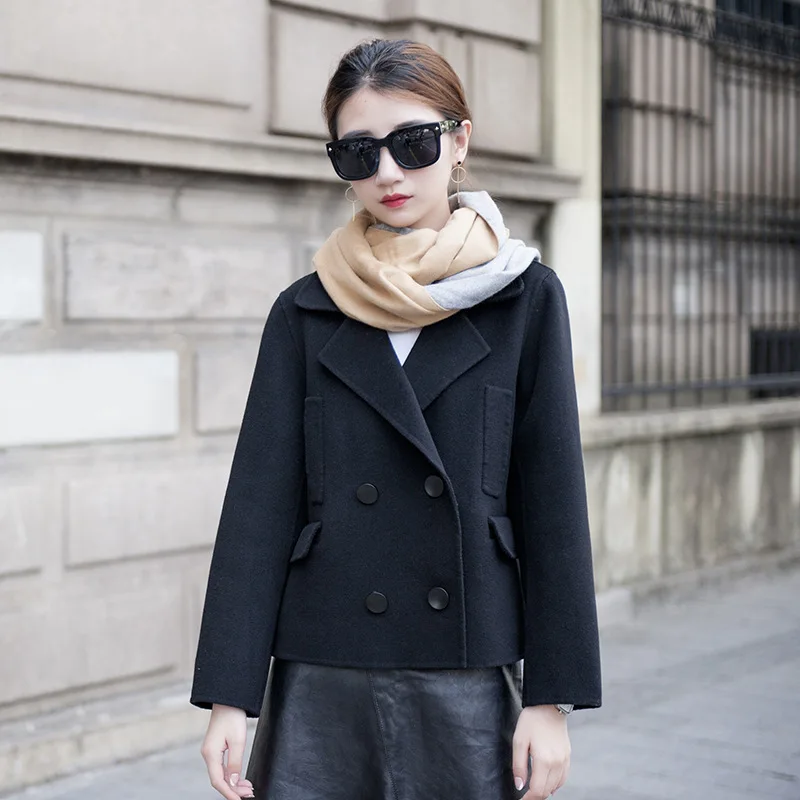 Двубортное короткое Женское шерстяное пальто новое Брендовое осеннее