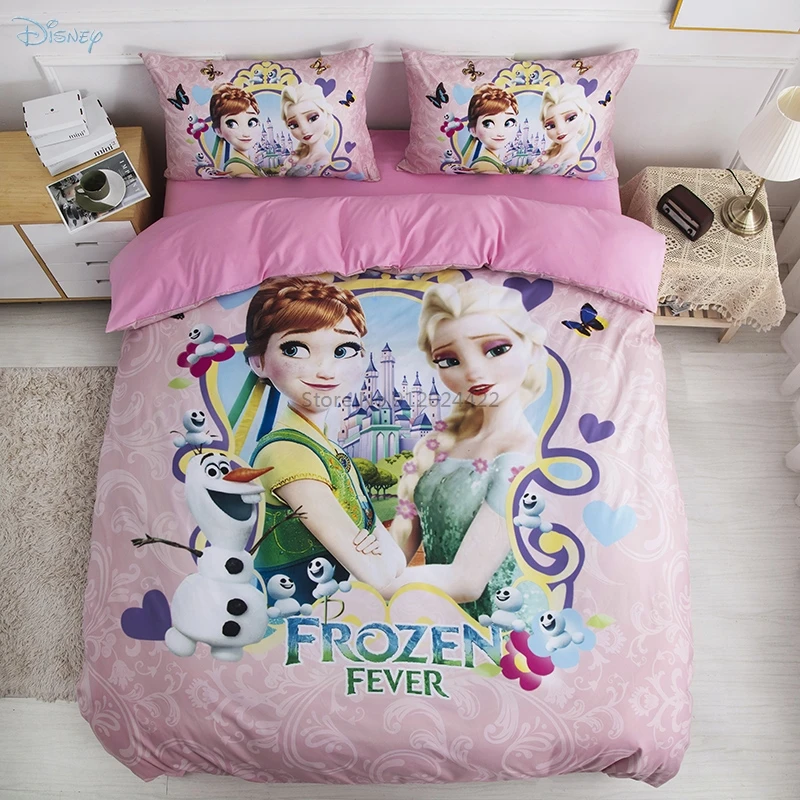 Pink Frozen Fever Bedding Set Cartoon Anna Elsa Character Duvet Cover Bed Sheet Pillowcases Kids Bedclothes for Bedroom Decor