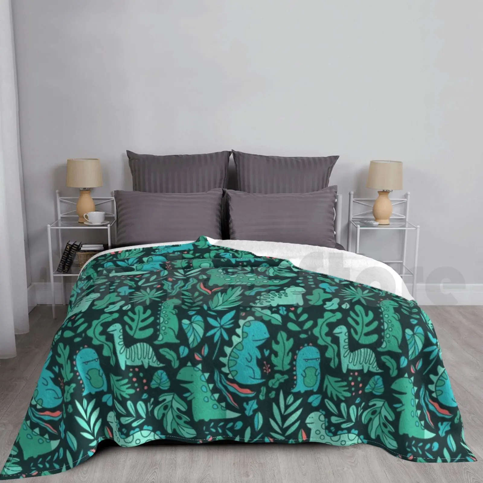 Одеяло с милыми динозаврами и тропическими листьями для дивана-кровати