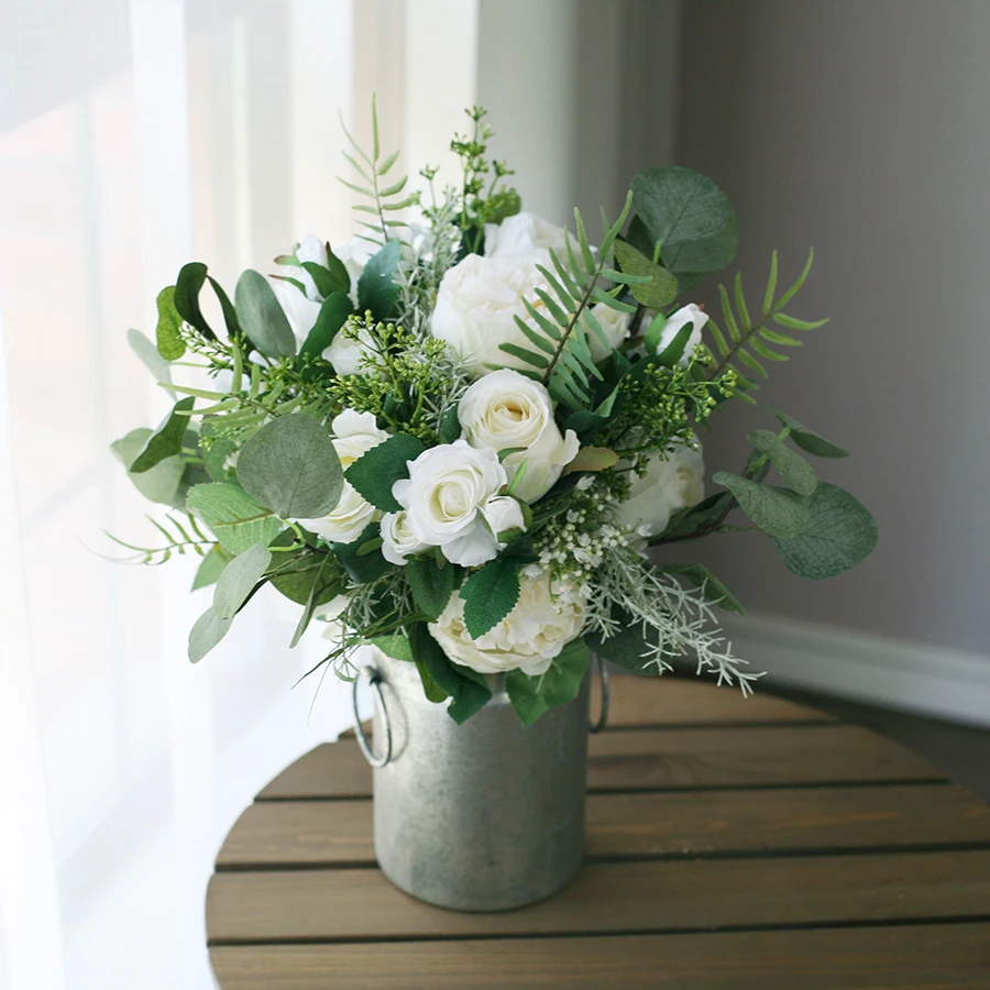 JaneVini винтажный белый зеленый Свадебный Шелковый букет Bloemen broiloft Aftificial Свадебные цветы Бохо букет цветов невесты