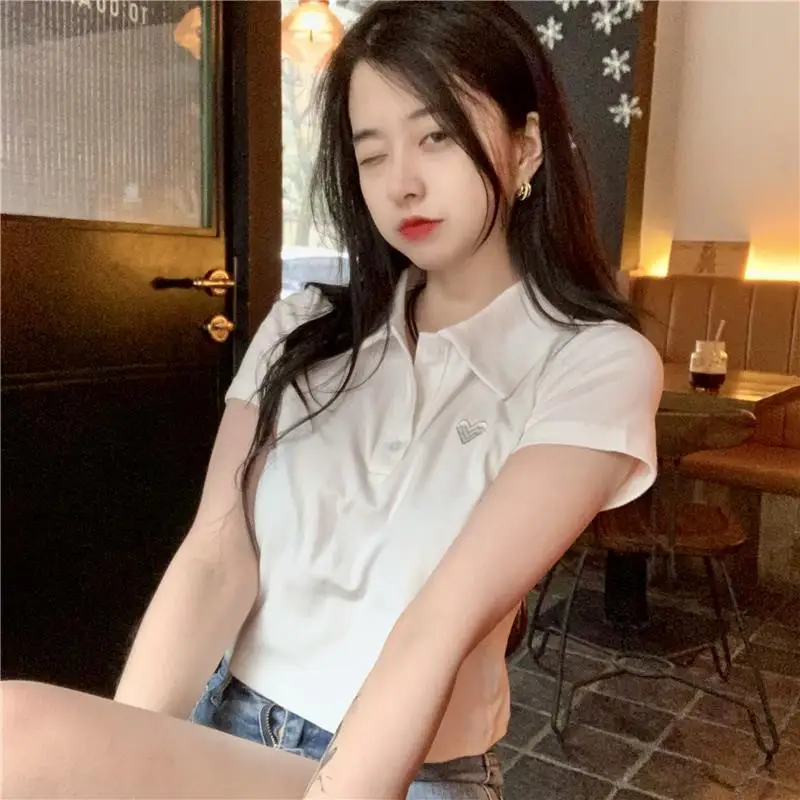 Polo T Shirt For Women White Blouse Short Sleeve Tees Crop Top Female Fashion Embroidery Summer 2021 Women's Clothing Aesthetic | Женская