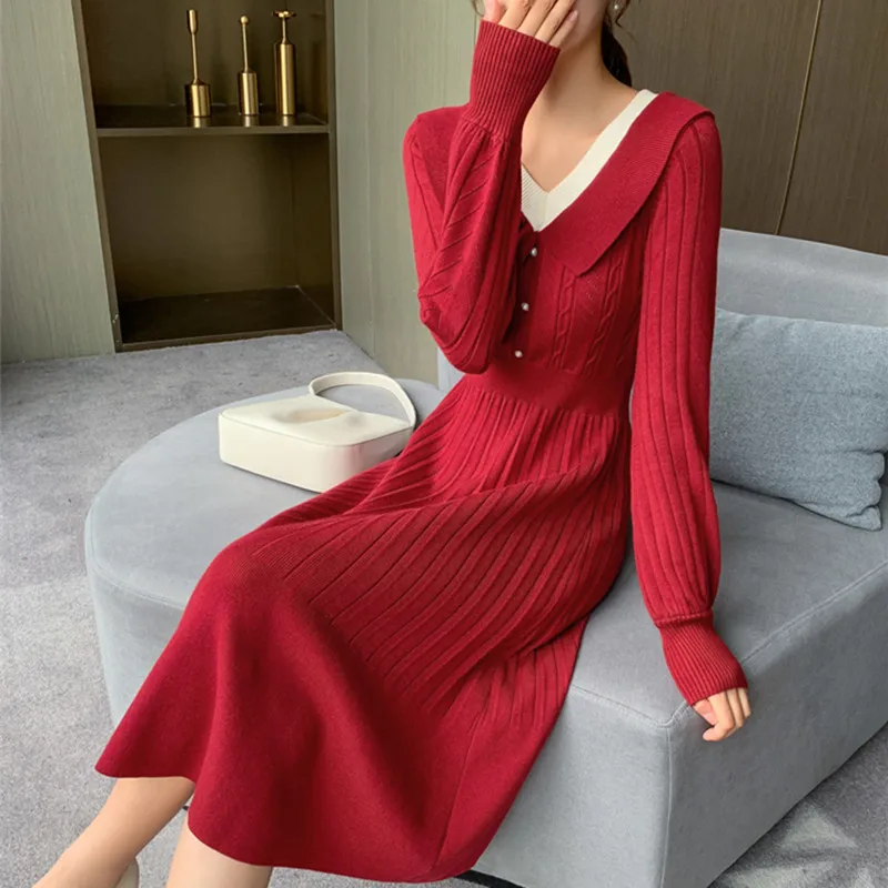 

Women Dress Long Sleeve Solid Dresses Women Knitted Button Up Clothing High Waist Long Maxi Ruffled Dresses Sexy Pleated Dresses
