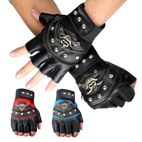 

Перчатки с полупальцами пиратские, кожаные перчатки в стиле панк с заклепками, в стиле хип-хоп, с черепом, для выступлений и танцев, черные