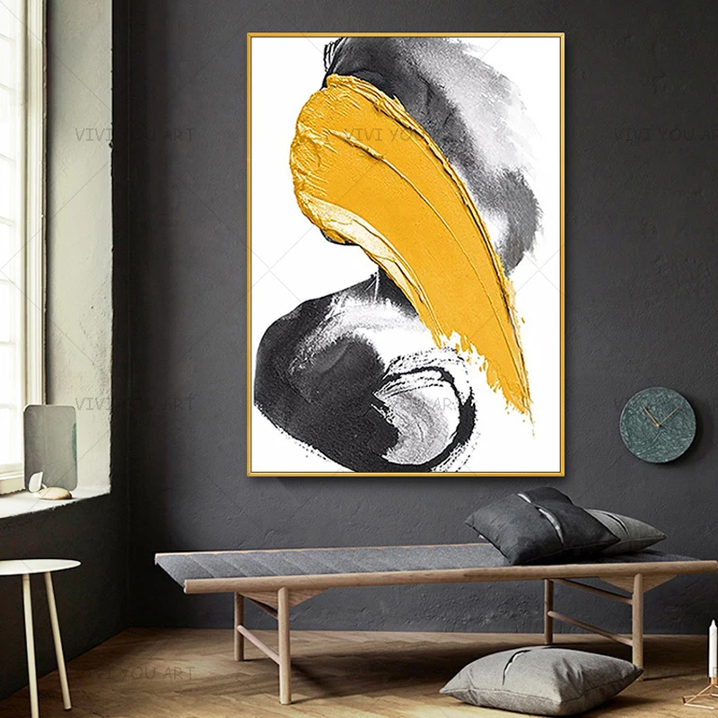 Best Art White Black Gray Yellow Abstract Oil Painting Canvas Handmade Home Decor Artwork | Дом и сад