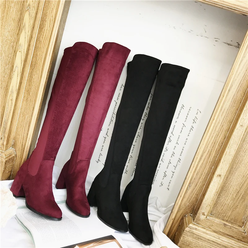 2019 женские замшевые сапоги выше колена на низком квадратном каблуке 7 см Женские