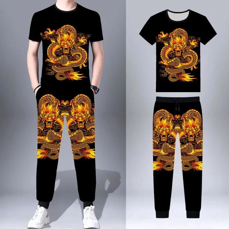 

2-Piece Set Men's Sportswear Summer New Plus Size Short Sleeved T-Shirt Casual Pants Suit Printd Tops Streetwear Ensembles Homme