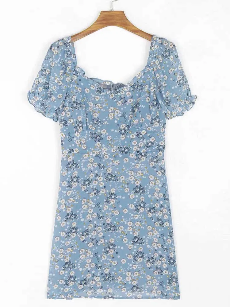 

yinlinhe Vintage Slim Waist Daisy Floral Summer Dress French Niche Style Chiffon Dress Short Sleeve Holiday Party Wear 2021 2002