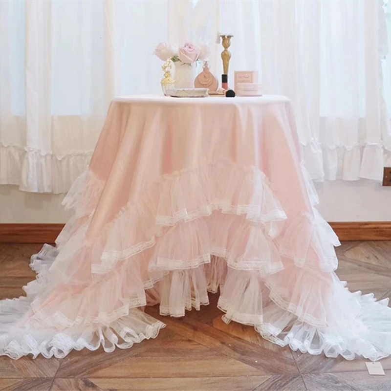 

Скатерть кружевная атласная, многослойная розовая скатерть с оборками в стиле ретро, креативный чехол в европейском стиле для свадьбы, дня ...