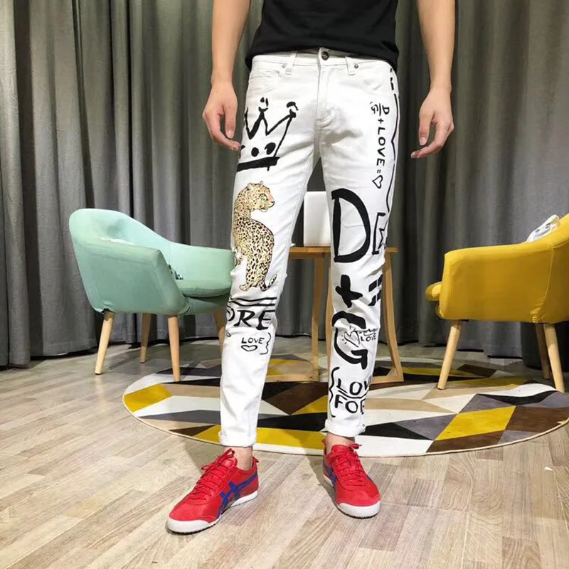 Джинсы мужские с леопардовым принтом узкие брюки из денима разноцветным