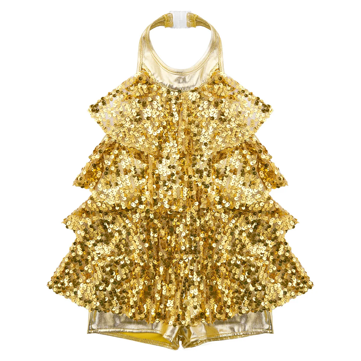 Kids Girls Halter Shiny Sequins Jazz Ballet Dance Shorty Unitard Dress Modern Jazz Latin Dancing Costumes Sequins Rave Outfits